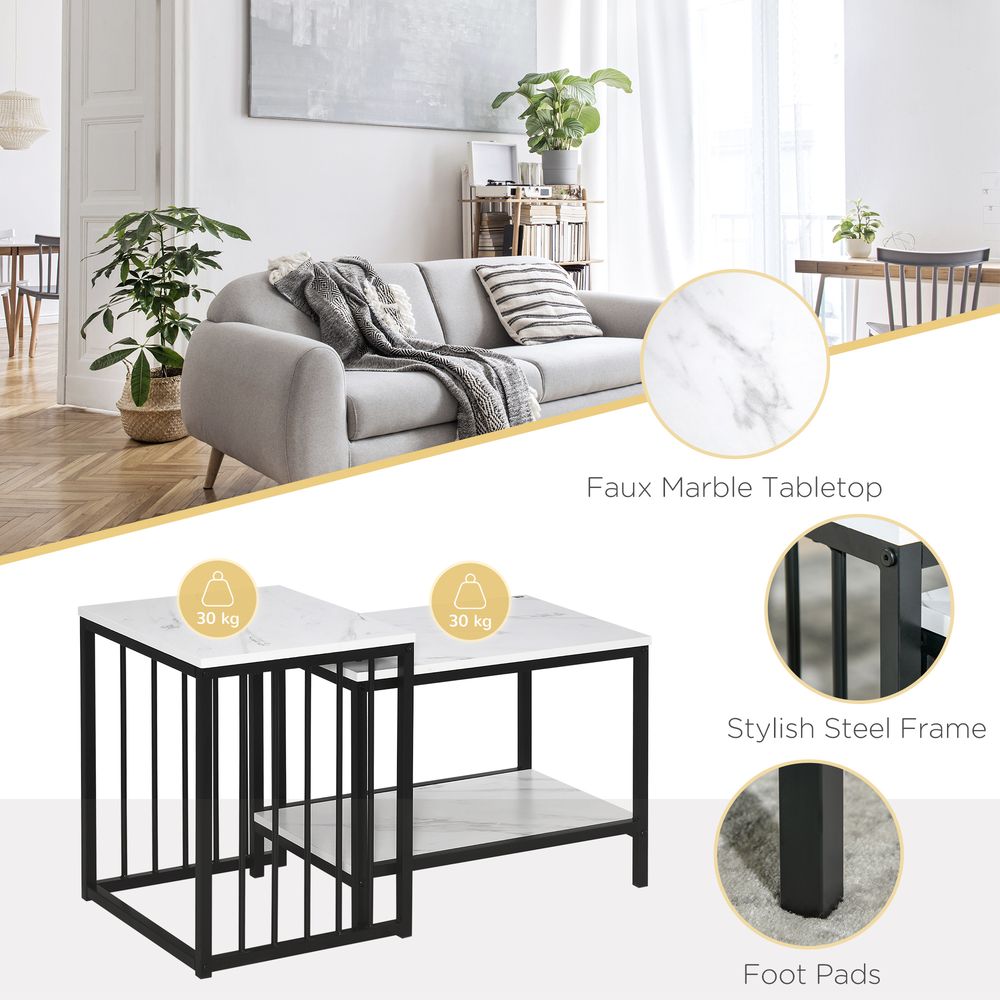 HOMCOM Modern Coffee Table Set of Two, Marble-Effect Nesting Side Tables with Steel Frame for Living Room, White and Black