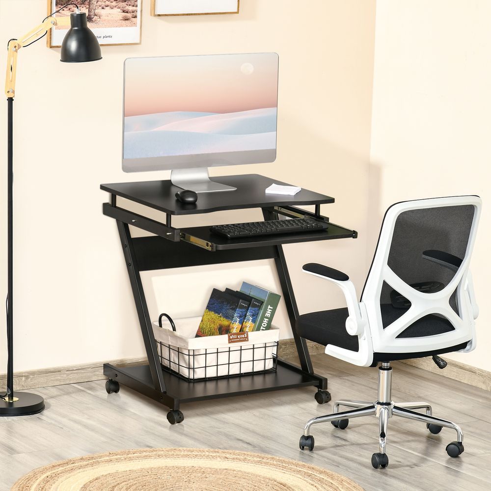 HOMCOM Movable Computer Desk with 4 Moving Wheels Sliding Keyboard Tray Home Office Workstation Black