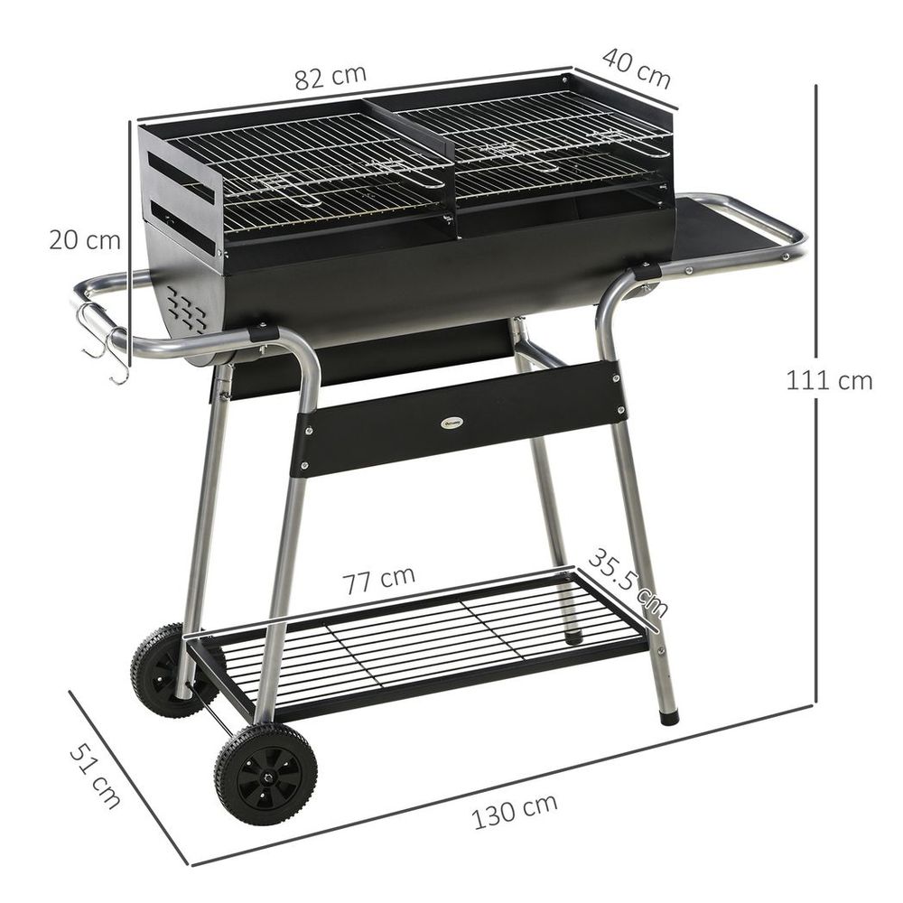 Outsunny Charcoal BBQ Grill - Double Grill, Table, Storage Shelf & Wheels - High-Quality Steel