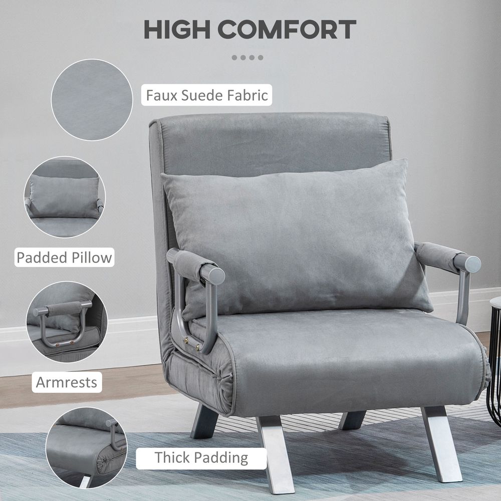 HOMCOM Modern 4-In-1 Single Sofa Bed Sleeper Foldable Portable Armchair Bed Chair Lounge Couch with Pillow for Living Room, Bedroom, Light Grey