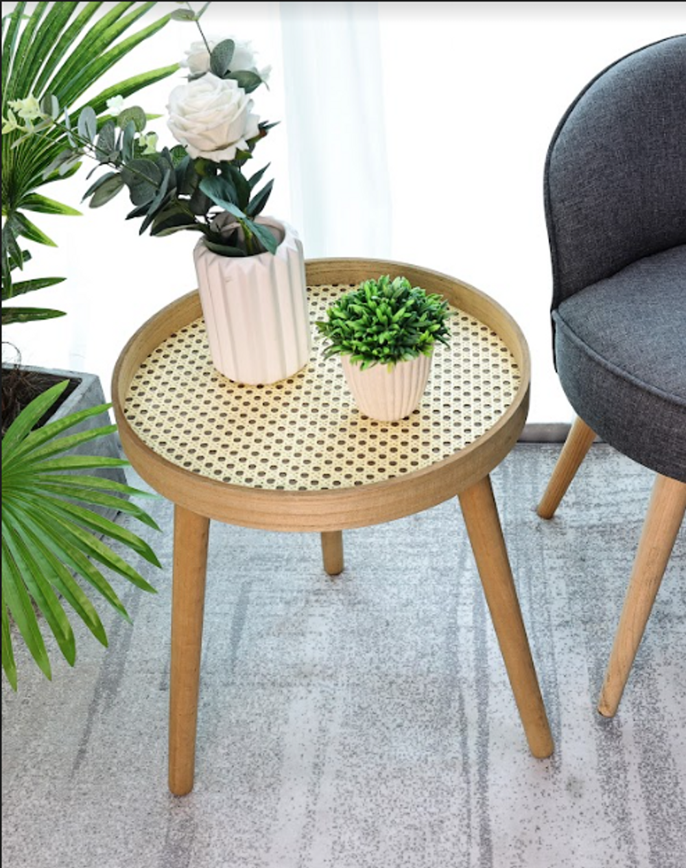 SHLEDECOR Cane Side Table With Rattan Circle Round Table - Solid Matte Oak Finish Legs - Sofa Table Stool End Table
