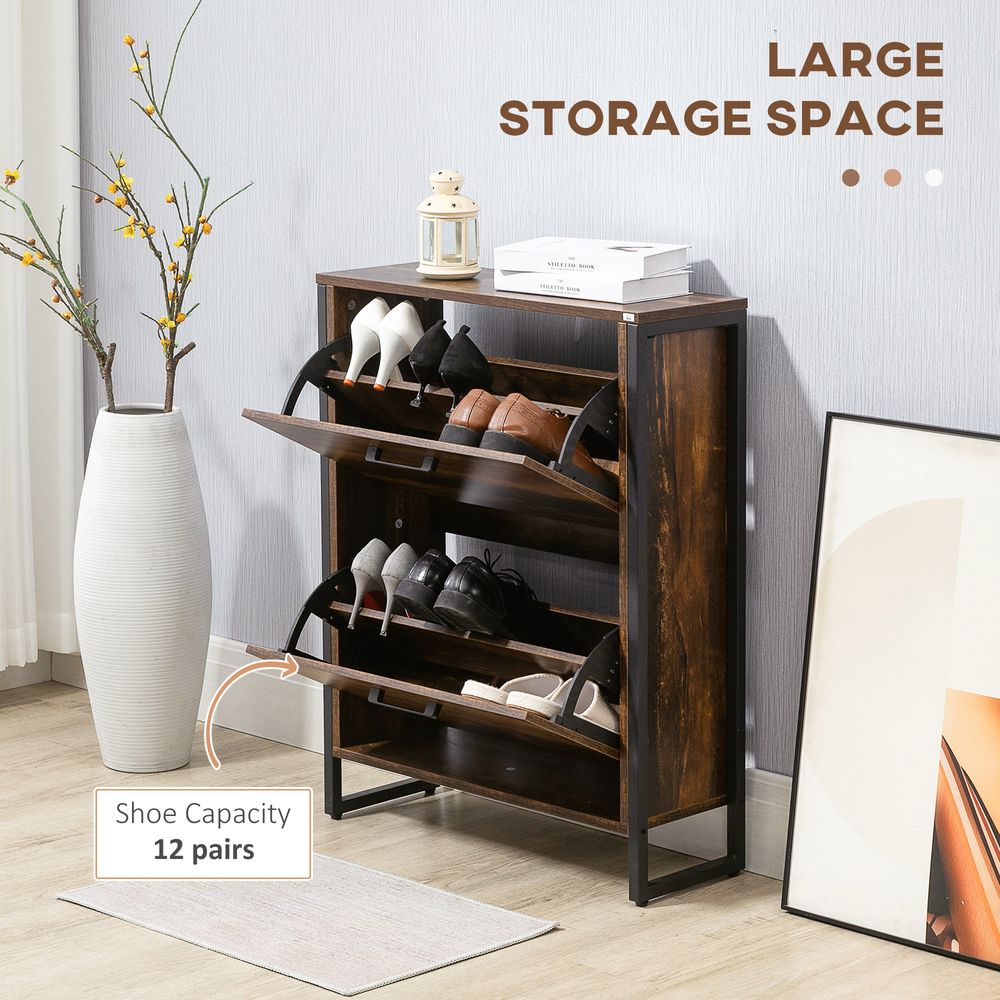 HOMCOM Rustic Brown Shoe Cabinet - 2 Flip Door, Divider, Entryway