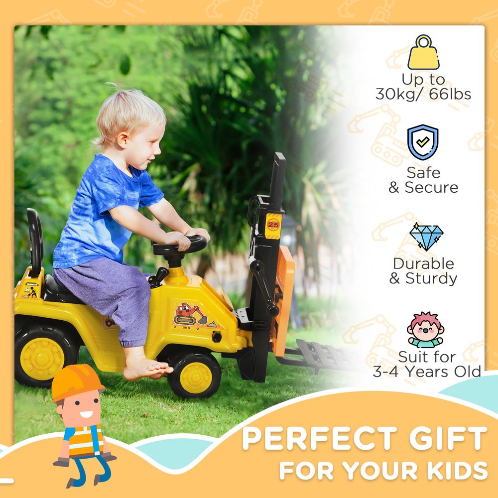 HOMCOM Kids Ride on Forklift Truck w/Fork and Tray, Ride On Tractor w/Under Seat Storage, Treaded Wheels, No Power Design, for 3-4 Years Old