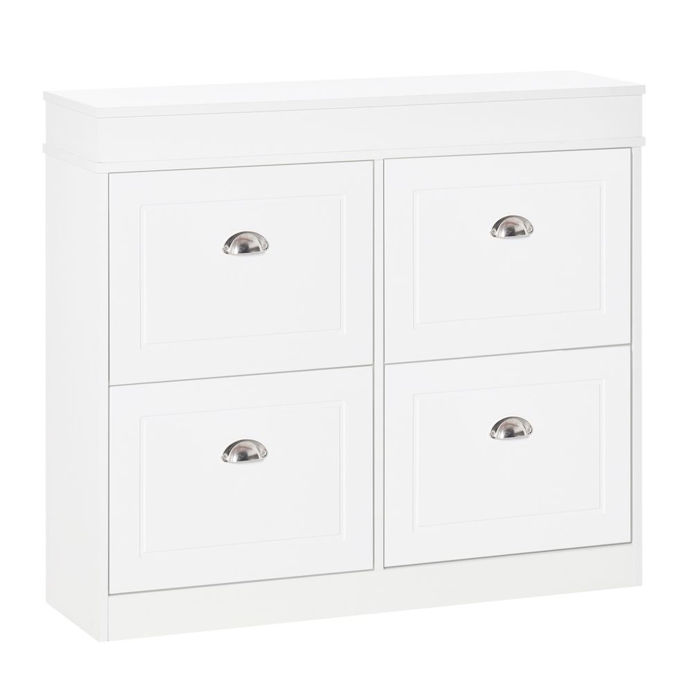 HOMCOM Shoe Cabinet with 4 Flip Drawers Wood Tipping Bucket Narrow Storage Cupboard with Adjustable Shelf, for Hallway, White, 98L x 24W x 83H cm