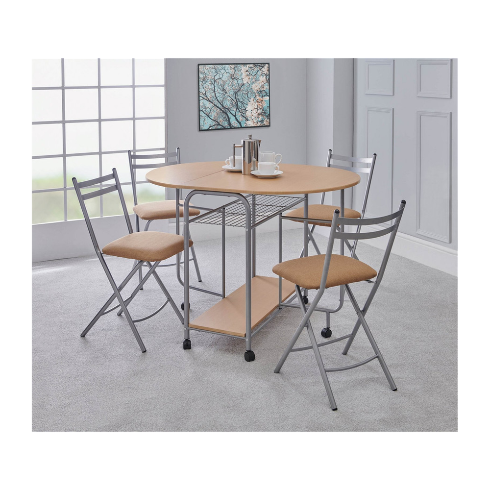 Greenhurst Stowaway Dining Set, Drop Down Table & 4 Folding Chairs, Max Table Size: L115 x D84 x H80cm (Oak and Silver)