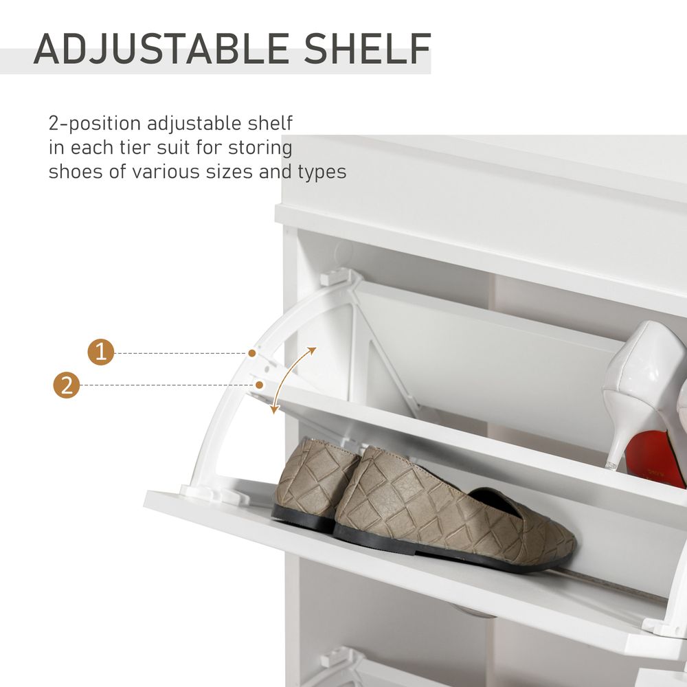 HOMCOM Shoe Cabinet with 4 Flip Drawers Wood Tipping Bucket Narrow Storage Cupboard with Adjustable Shelf, for Hallway, White, 98L x 24W x 83H cm