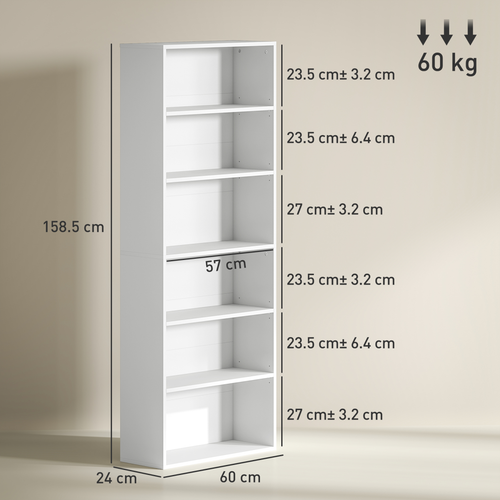 6-Tier Bookshelf, Freestanding Bookcase with Adjustable Shelves, White