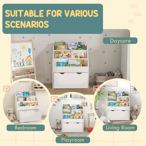 AIYAPLAY Kids Bookcase w/ 3 Tier Shelves, Drawer, for Bedroom, Nursery, White