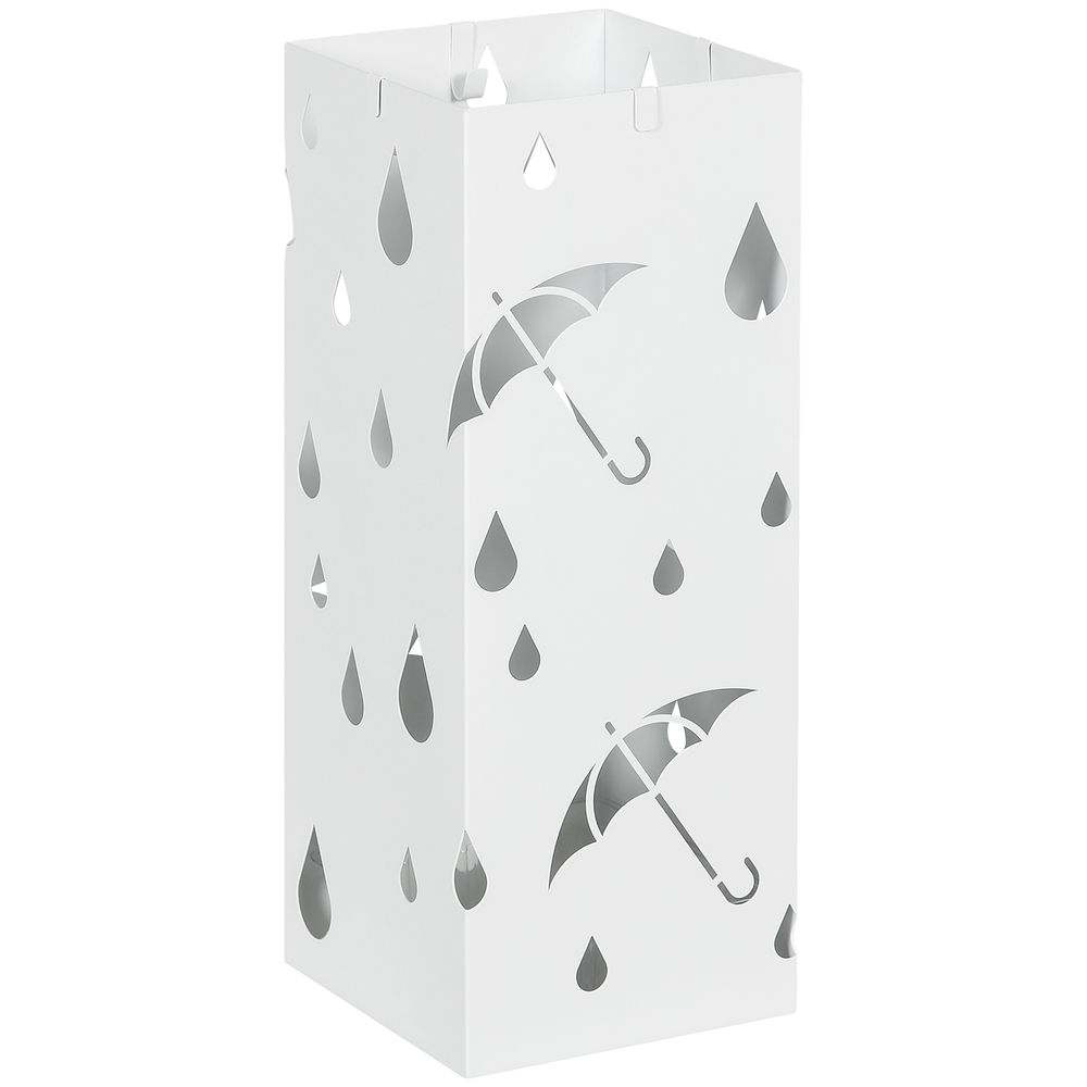 HOMCOM Metal Umbrella Stand, Square Umbrella Basket with 4 Hooks Drip Tray White