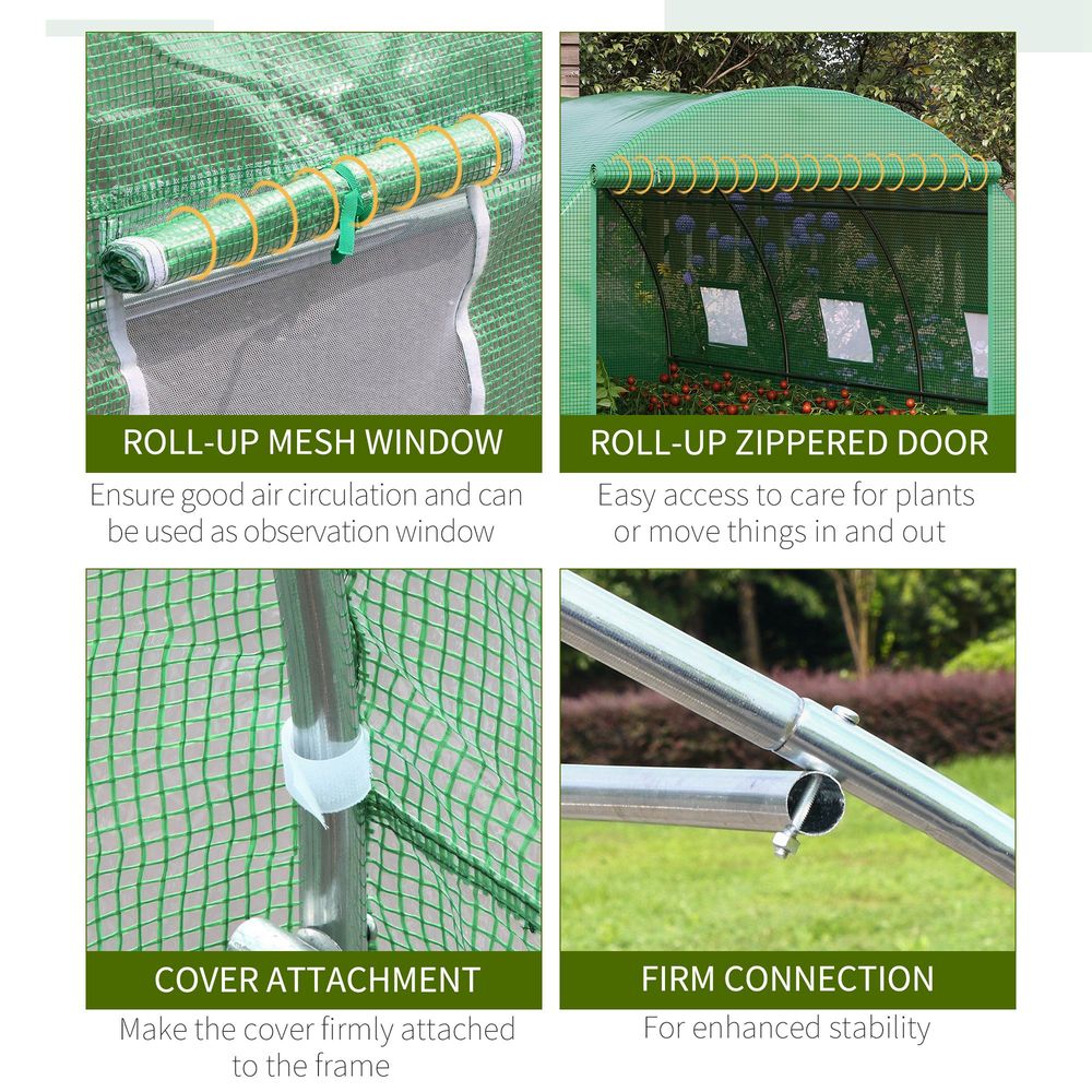 Outsunny Tunnel Greenhouse with Roll-Up Door & 6 Windows - Green