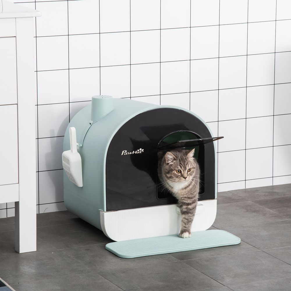 PawHut Cat Litter Box Kitten Litter Tray w/Hood, Scoop, Filter, Flap Door, 43 x 44 x 47cm - Green