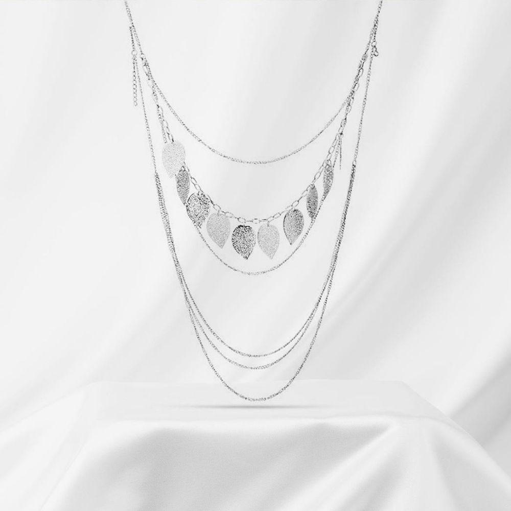 Aquarius Silver Leaves Pendant Necklace - Multi Layer Chain, Elegant Jewelry for Women