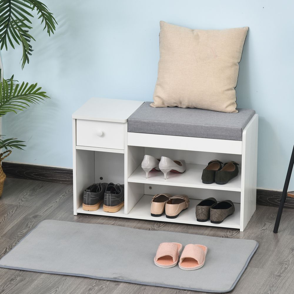 HOMCOM Multi-Storage Shoe Bench w/Drawer 3 Compartments Cushioned Home Organisation Furniture Tidy Boots Hallway Entryway White