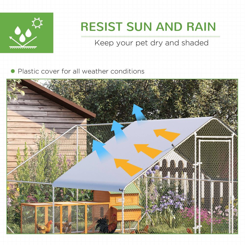 PawHut Chicken Run Galvanised Walk-in Chicken Coop Hen Poultry House Cage Rabbit Hutch Pet Playpen Garden w/Water-Resist Cover, 3 x 4 x 2m
