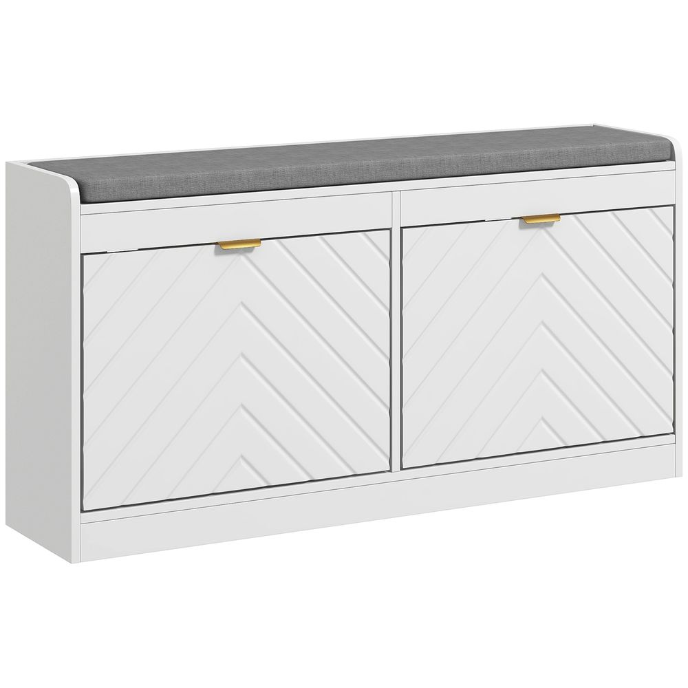 HOMCOM Shoe Bench with 2 Flip Drawers, Cushion, 8 Pairs for Entryway White
