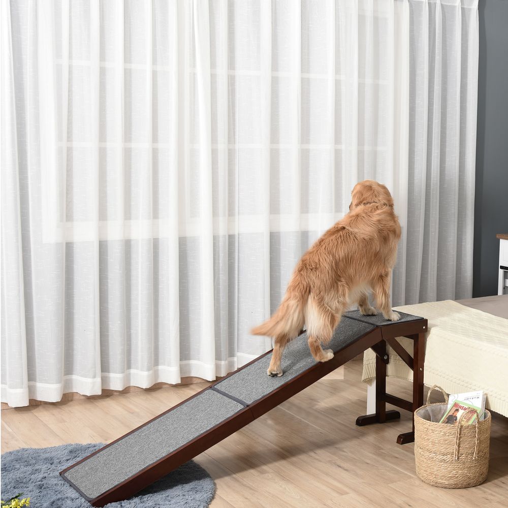 PawHut Pet Ramp for Dogs Cats Non-Slip Carpet Top Platform - Brown & Grey