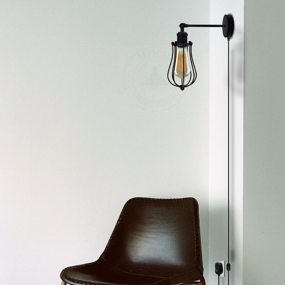 Black Vintage Industrial Light Plug in Wire cage E27 Wall Lamp~5059