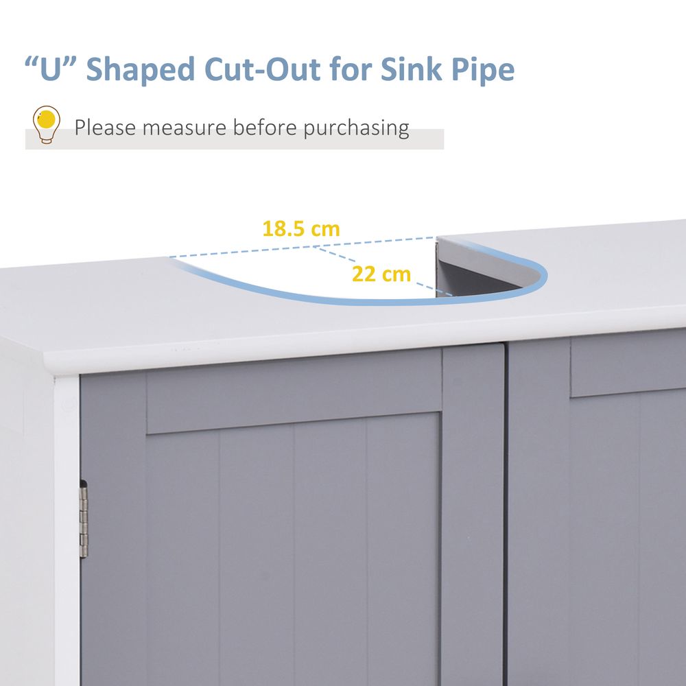 kleankin 60x60cm Under-Sink Storage Cabinet w/Adjustable Shelf Handles Drain Hole Bathroom Cabinet Space Saver Organizer White and Grey