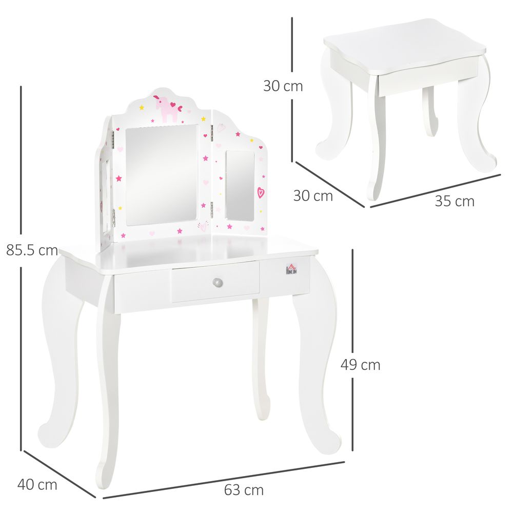 HOMCOM Kids Vanity Table & Stool Girls Dressing Set Make Up Desk Chair Dresser Play Set with Rotatable Mirrors Drawer Star & Heart Pattern White E