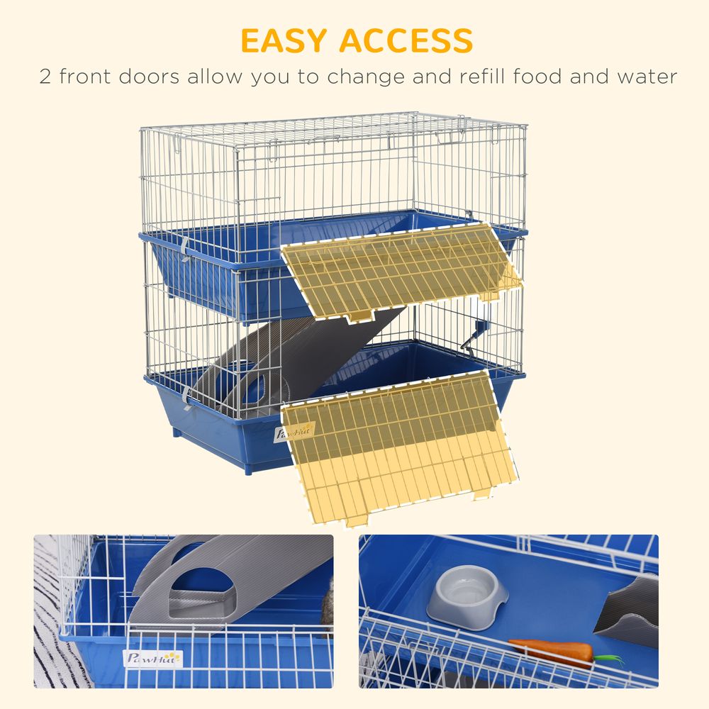 PawHut Double Tier Small Animal Cage Rabbit Chinchillas Cage w/Ramp Food Dish Water Bottle Deep Trays Pet Home 72 x 44 x 67 cm