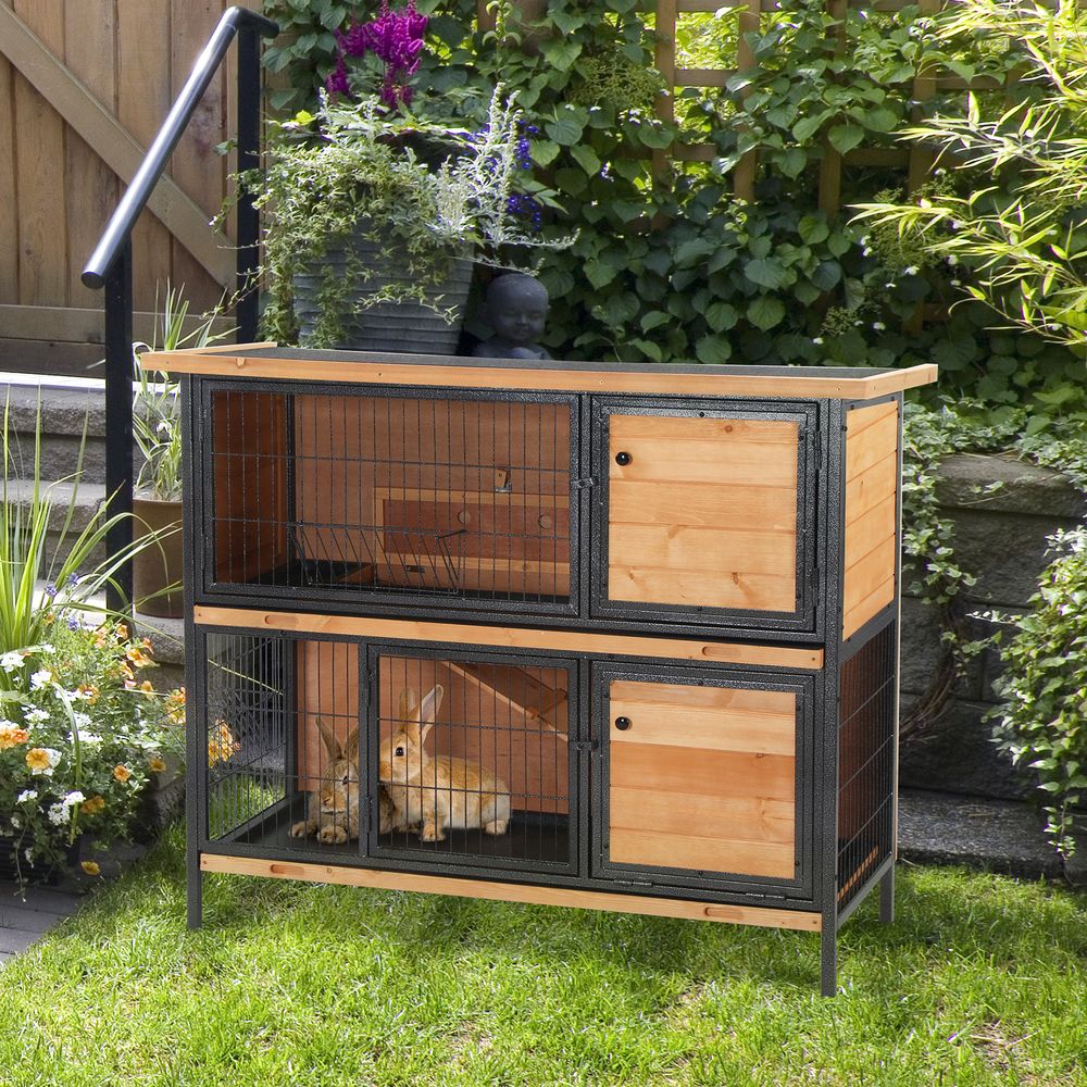 PawHut 2 Tier Wooden Rabbit Hutch Guinea Pig Hutch Bunny Cage Metal Frame Elevated Pet House with Slide-Out Tray Feeding Trough Ramp Lockable Door Openable Roof Light Yellow 122 x 50 x 101cm