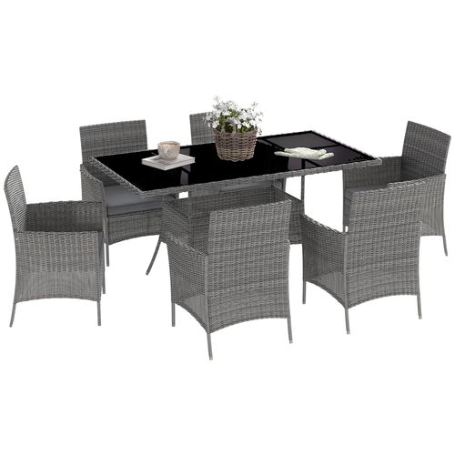 Outsunny Rattan Dining Set for 6 with Cushions, Glass Top Table