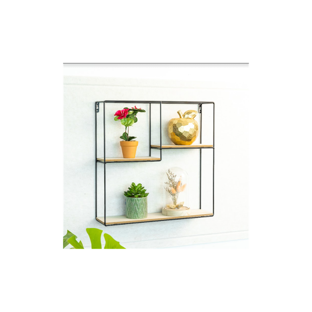 SHLEDECOR Square Black Wall Unit with Shelves Metal and Wood Multi Section
