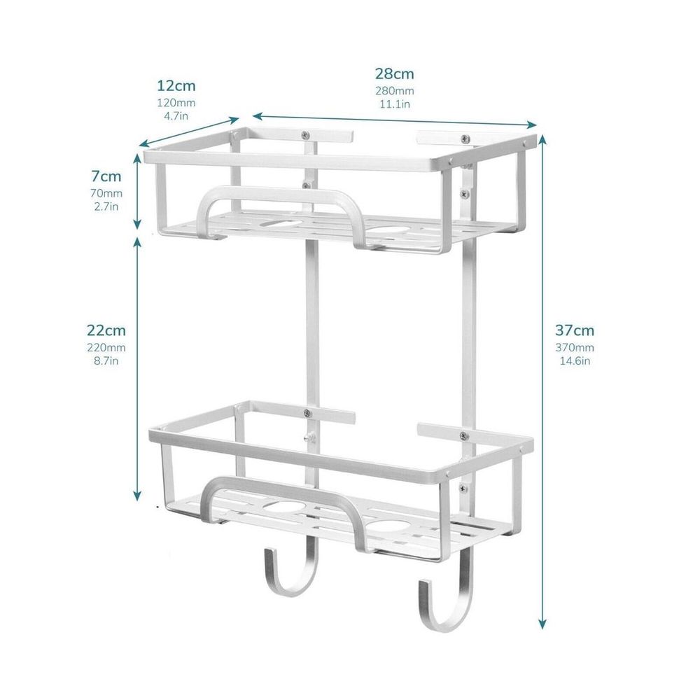 Self Adhesive 2 Tier Aluminium Shower Caddy with Bottom Hooks