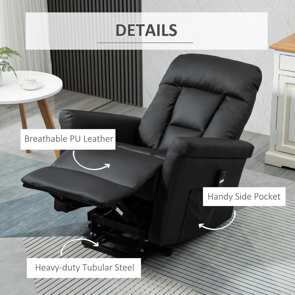 HOMCOM Lift Stand Assistance Chair Recliner Sofa PU Leather Extra Padded Design Electric Power w/Remote Black