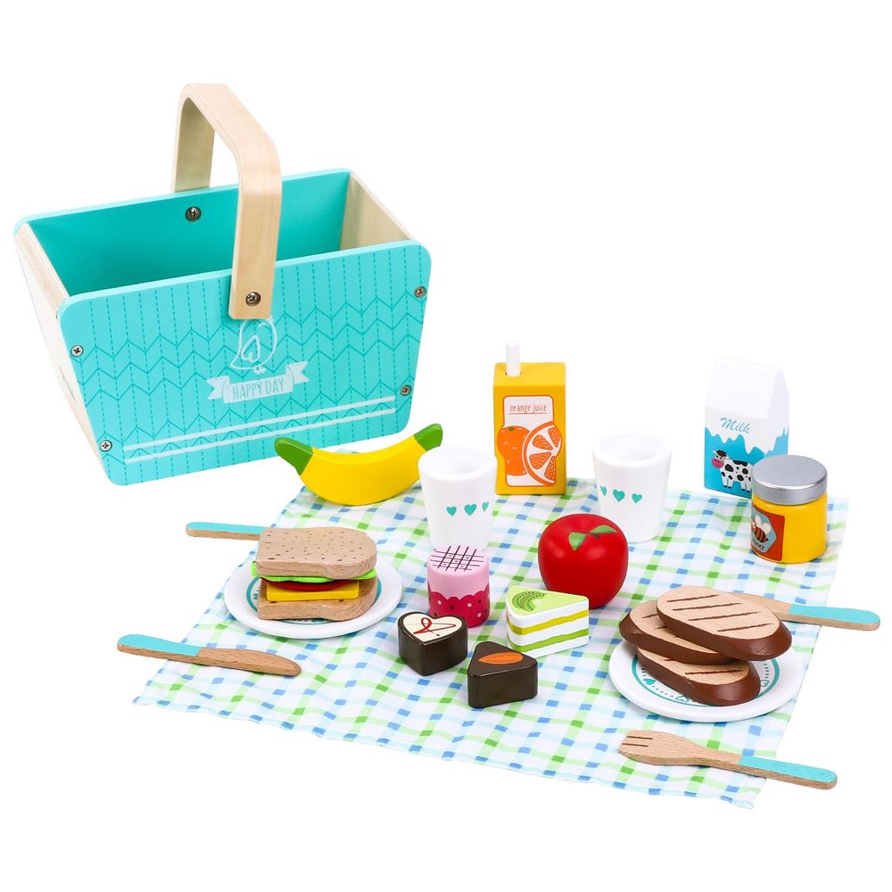 SOKA Happy Day-Picnic 0000476 - Classic Toy Picnic Basket with Wooden Food Playset