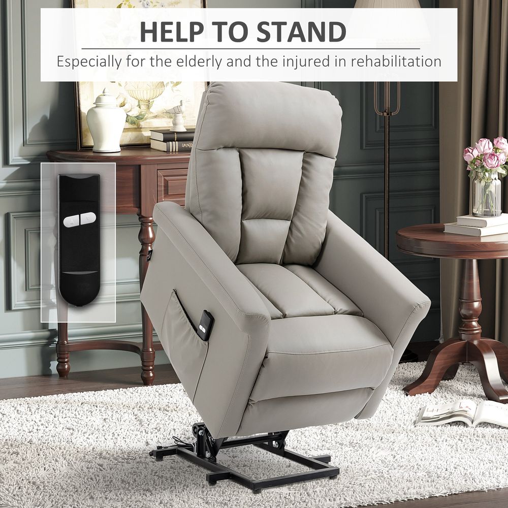 HOMCOM Power Lift Chair, PU Leather Recliner Sofa Chair for Elderly with Remote Control, Side Pocket, Grey