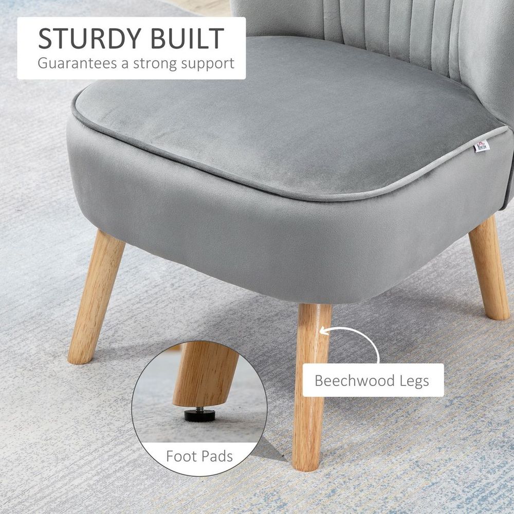 Luxury Velvet Accent Chair w/ Ottoman - Plush Padding, Wood Legs - Light Grey