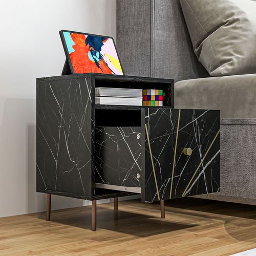 HOMCOM Modern Bedside Table with Drawer and Open Shelf Black Marble Effect