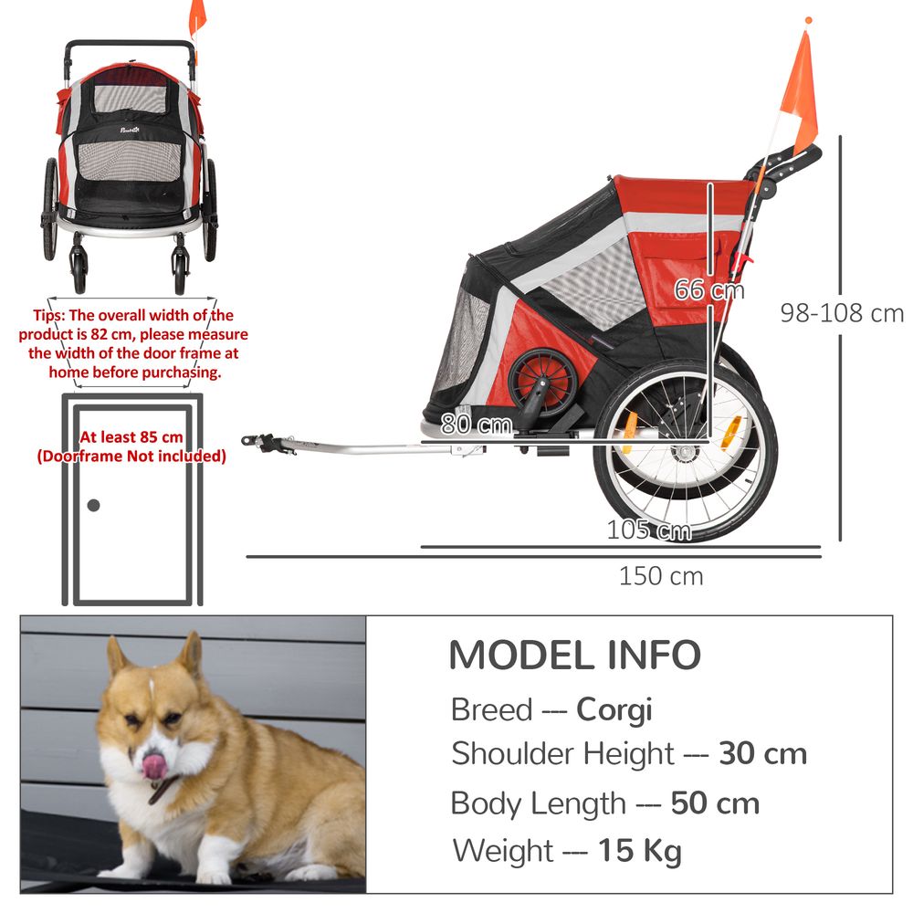 PawHut Dog Bike Trailer 2-in-1 Pet Stroller for Large Dogs Cart Foldable Bicycle Carrier Aluminium Frame with Safety Leash Hitch Coupler Reflector Flag Red