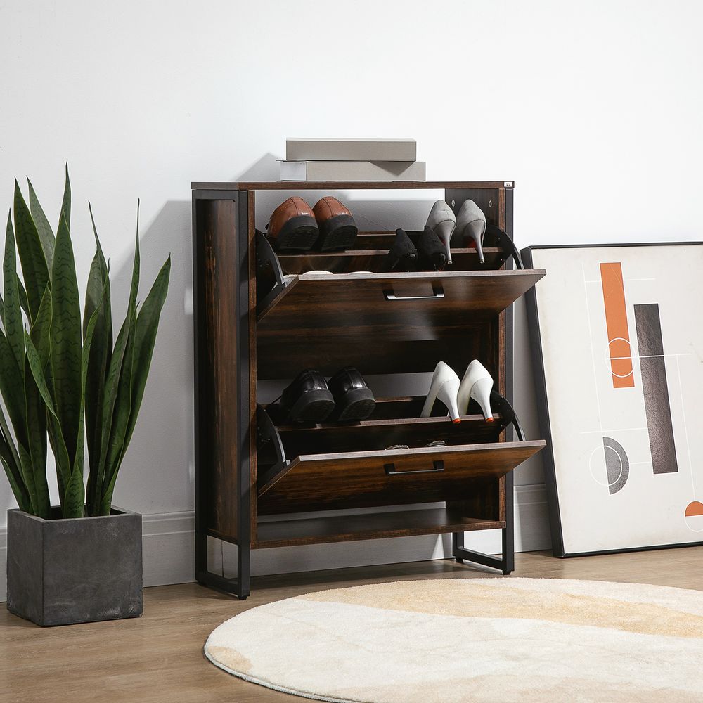 HOMCOM Rustic Brown Shoe Cabinet - 2 Flip Door, Divider, Entryway
