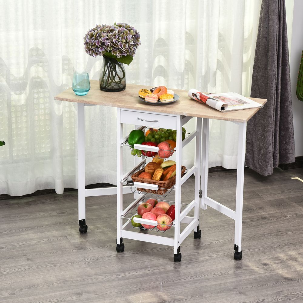 MDF Extendable Kitchen Island Trolley - White, Steel Drawers, Oak Countertop