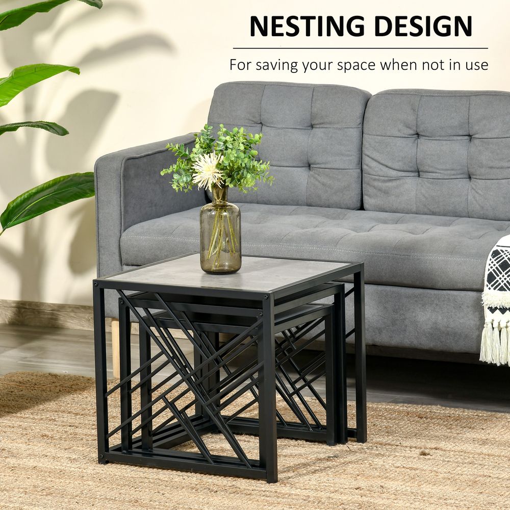 HOMCOM Nesting Coffee Tables, Set of 3 Square Side Tables with Black Metal Frame, for Living Room, Bedroom and Office, Grey