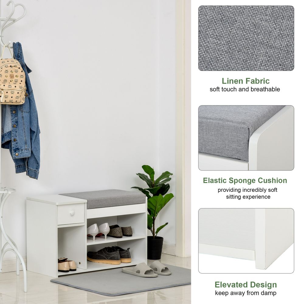 HOMCOM Multi-Storage Shoe Bench w/Drawer 3 Compartments Cushioned Home Organisation Furniture Tidy Boots Hallway Entryway White