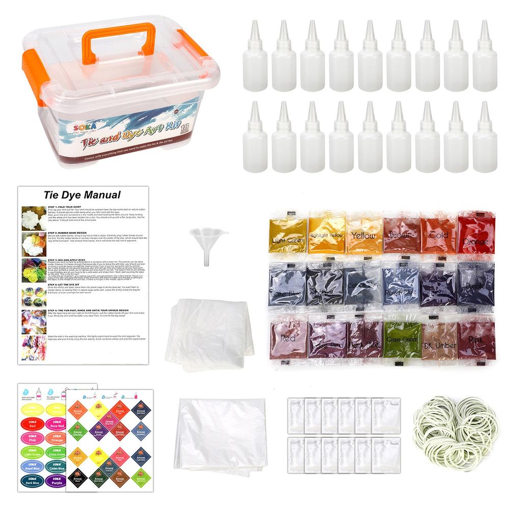 VIBRANT SOKA TIE DYE ART SET: Fun & Easy DIY Kit for Parties & Events - 18 Colors, Complete with Accessories - Safe & Non-Toxic - Ideal Gift for All Ages!