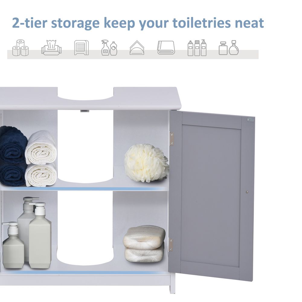 kleankin 60x60cm Under-Sink Storage Cabinet w/Adjustable Shelf Handles Drain Hole Bathroom Cabinet Space Saver Organizer White and Grey