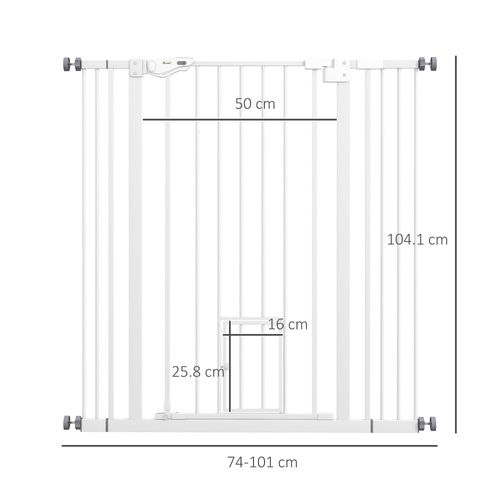 PawHut Extra Tall Dog Gate with Cat Door Auto Close for Stairs 74-101 cm Wide