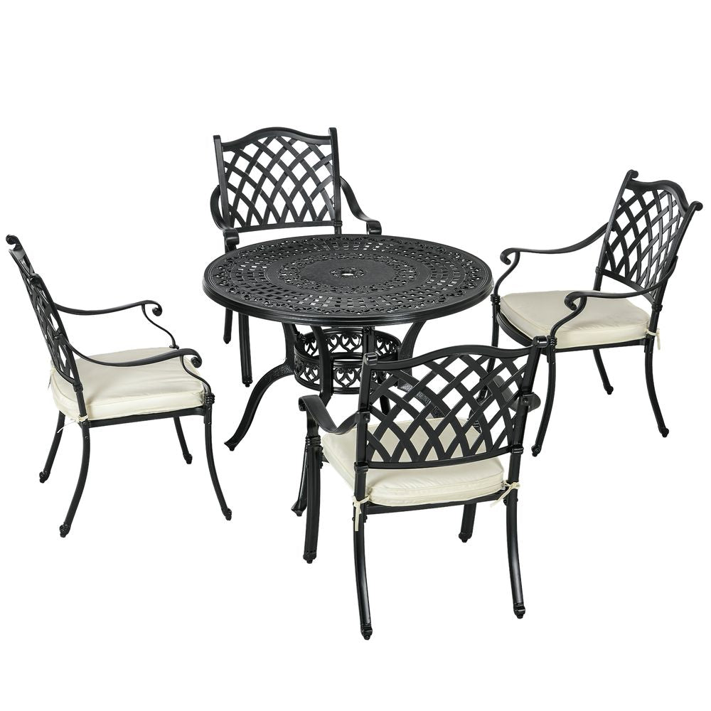 Premium Cast Aluminium Outdoor Dining Set | 4 Seater with Cushions & Umbrella Hole