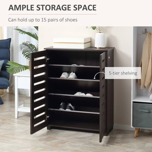 HOMCOM Shoe Storage Cabinet with Slatted Doors for 15 Pairs of Shoes Brown