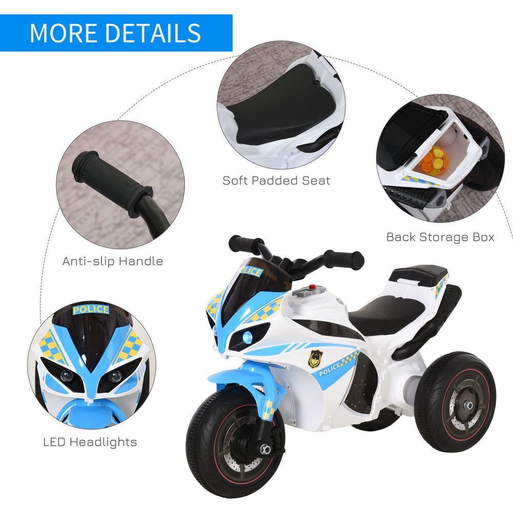 HOMCOM Kids Ride-On Police Bike 3-Wheel Vehicle w/Music Lights Safe Seat Handlebars Toddler NO POWER Child Learning Fun Development 18-36 Months Blue
