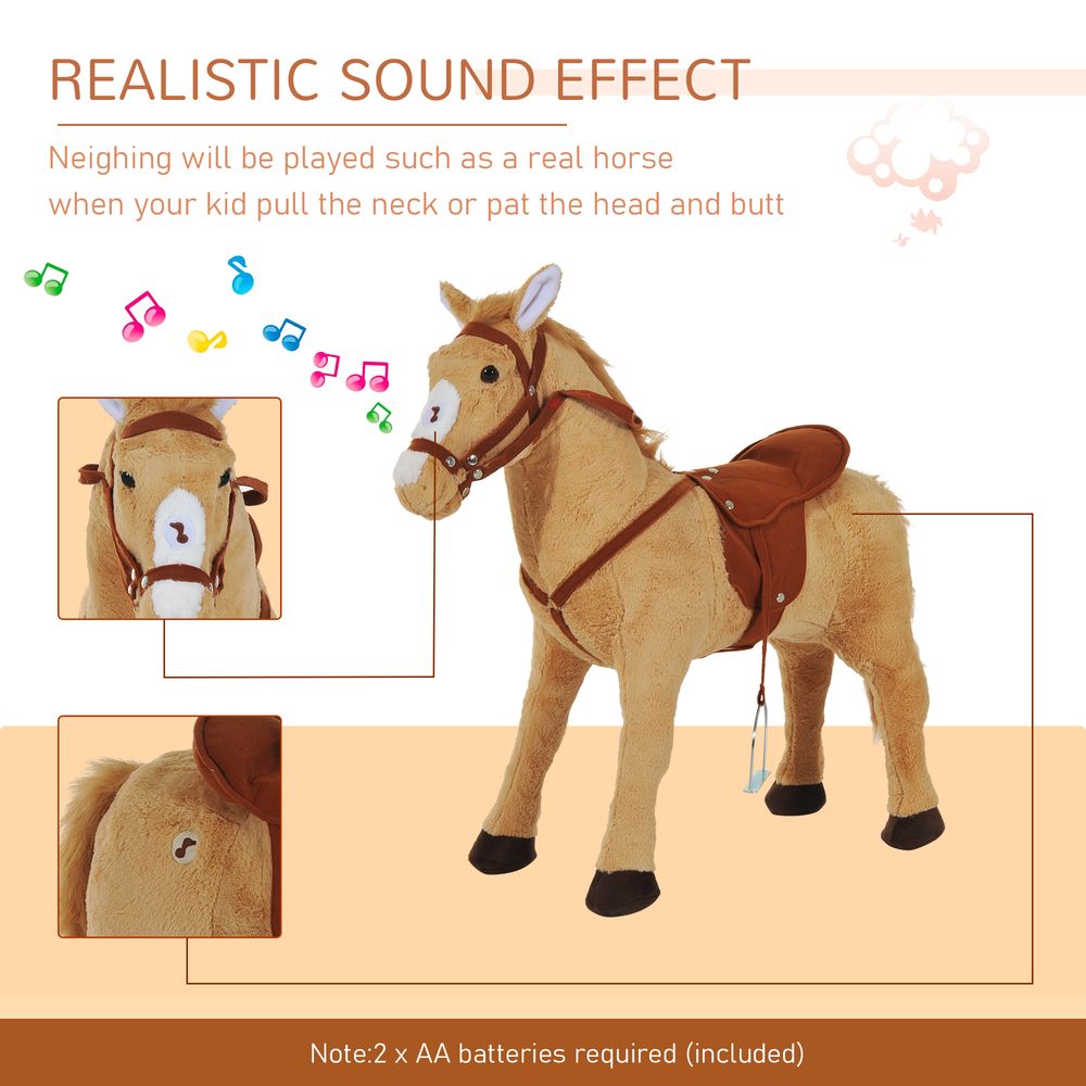 HOMCOM Kids Ride On Standing Horse Cuddly Toy Children Plush Soft Pony Gift w/Neigh Sound or 3 Years and Up Beige