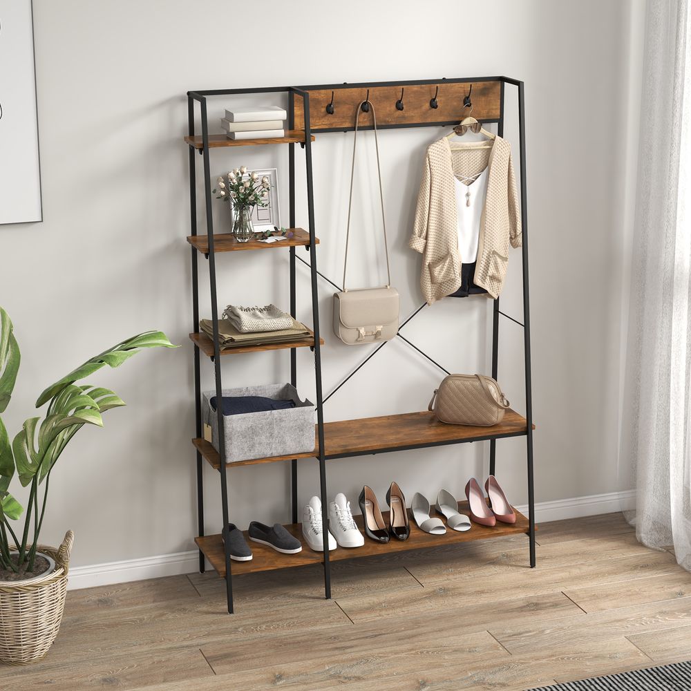 HOMCOM Coat Rack, Coat Stand with Shoe Storage, 5 Hooks for Hallway, Brown
