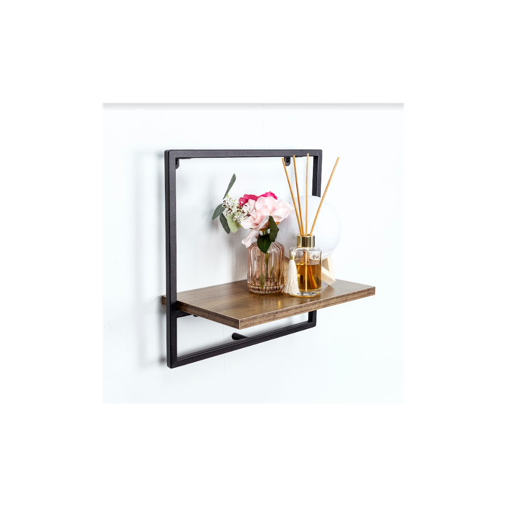 High-Quality Dark Oak Wall Shelf - 1 Tier with Black Metal Frame - PARGI