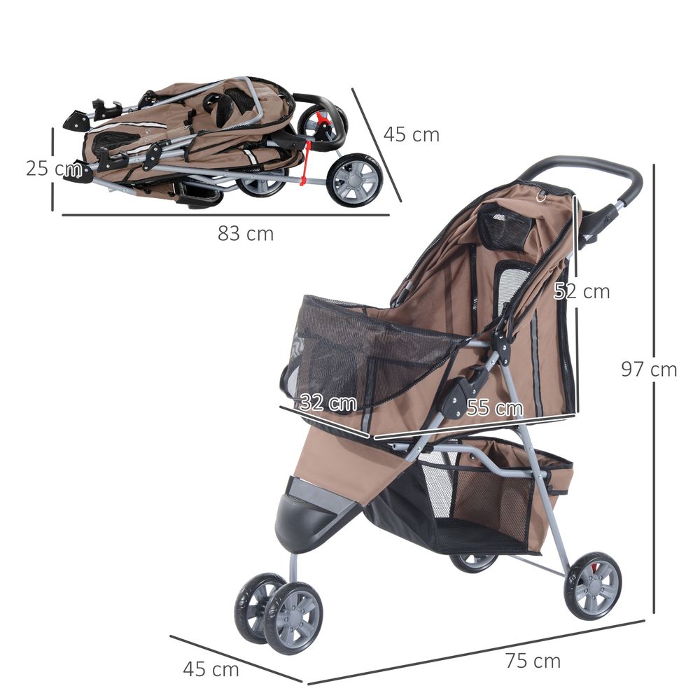 PawHut Pet Travel Stroller Cat Dog Pushchair Trolley Puppy Jogger Carrier Three Wheels for Small Miniature Dogs (Coffee)