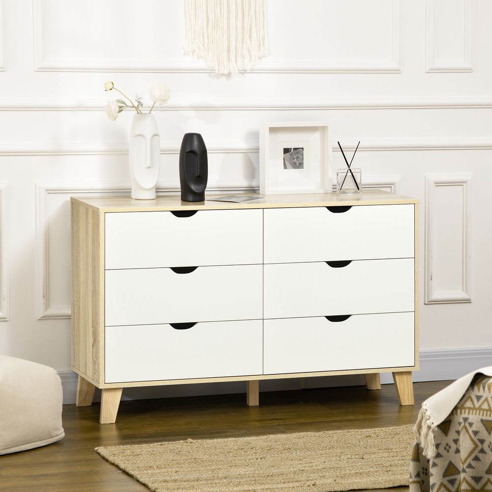6 Drawer Storage Chest, Bedroom Dresser for Clothes, White & Brown, Anti-Tip Straps