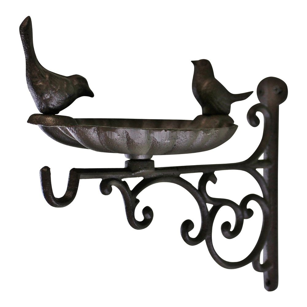 Hanging Basket Wall Bracket w/ Bird Feeder: Cast Iron, 29x23x14cm